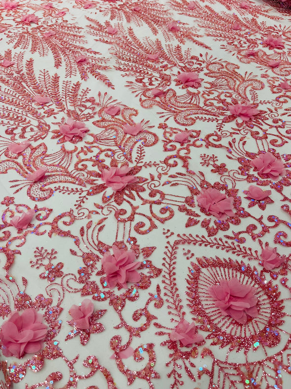 Floral 3D Palm Damask with glitter in a Mesh Lace- Sold by the yard.