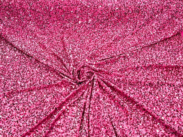 Pink  54" Stretch Velvet with Luxury Sequins All Over 5mm Shining Sequins 2-Way Stretch. Sold by the yard.