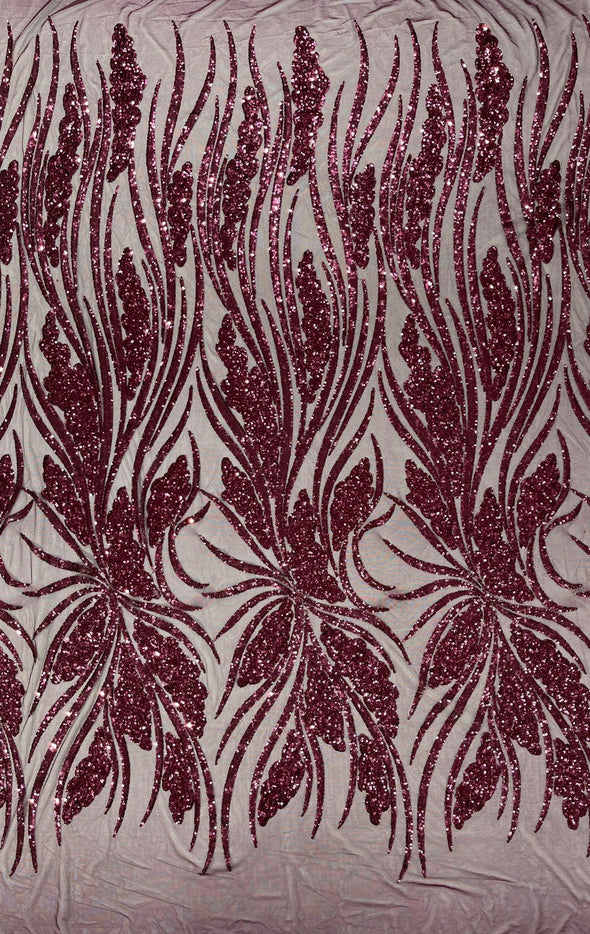 Feather damask shiny sequin design on a 4 way stretch mesh Fabric-prom-Sold by the yard