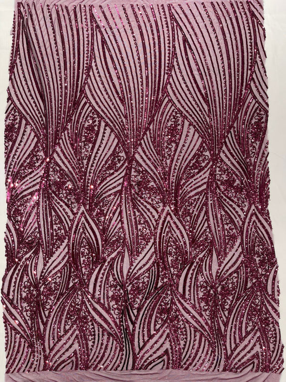 Plum Shiny Geometric Feather wing shiny sequin design on a 4 way stretch mesh Fabric-prom-sold by the yard.