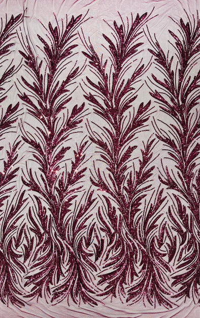 Plum Iridescent Feather damask shiny sequin design on a 4 way stretch mesh Fabric-prom-Sold by the yard