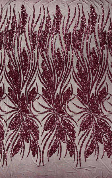 Plum Feather damask shiny sequin design on a 4 way stretch mesh Fabric-prom-Sold by the yard