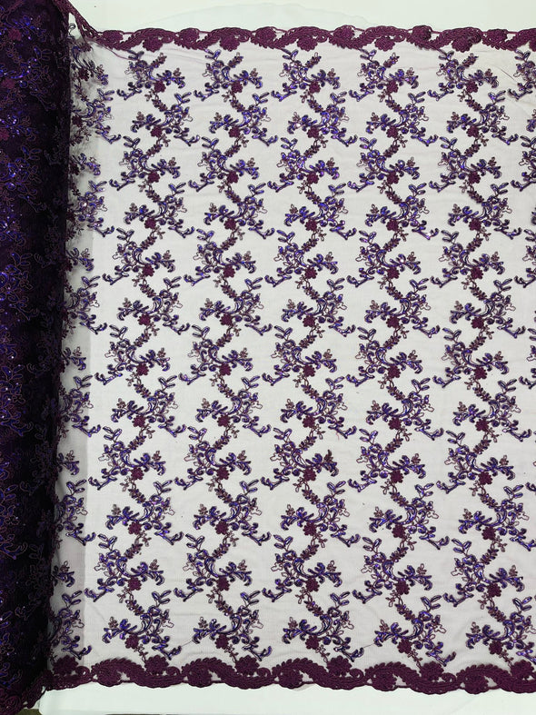 Plum Flower lace corded and embroider with sequins on a mesh- Sold by the yard