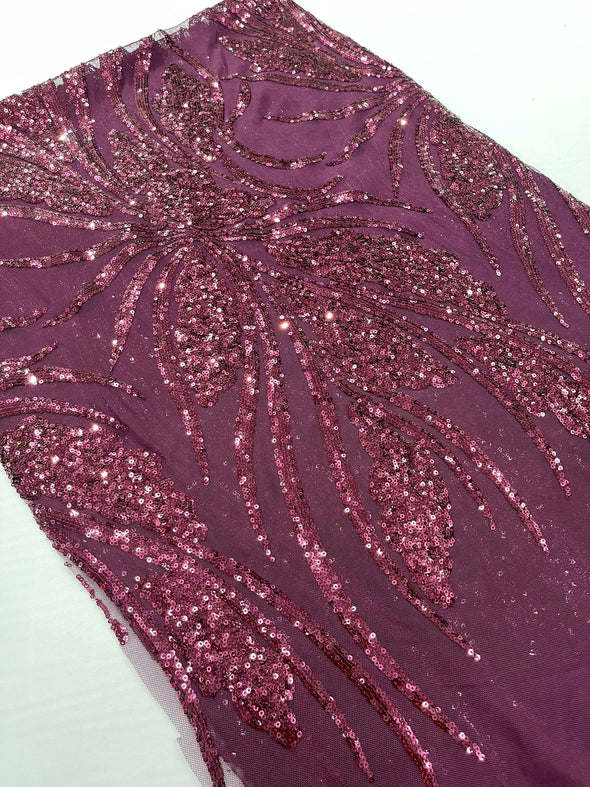 Plum Feather damask shiny sequin design on a 4 way stretch mesh Fabric-prom-Sold by the yard