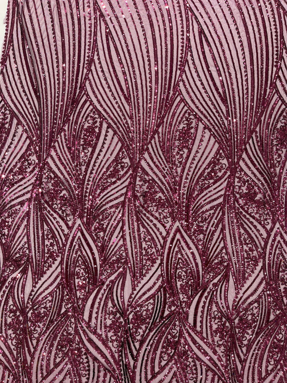 Plum Shiny Geometric Feather wing shiny sequin design on a 4 way stretch mesh Fabric-prom-sold by the yard.