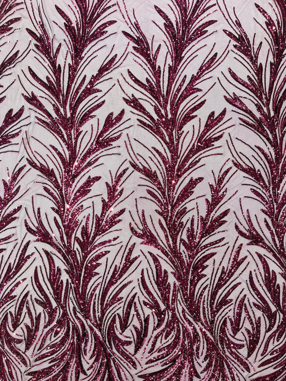 Feather damask shiny sequin design on a 4 way stretch mesh Fabric-prom-Sold by the yard