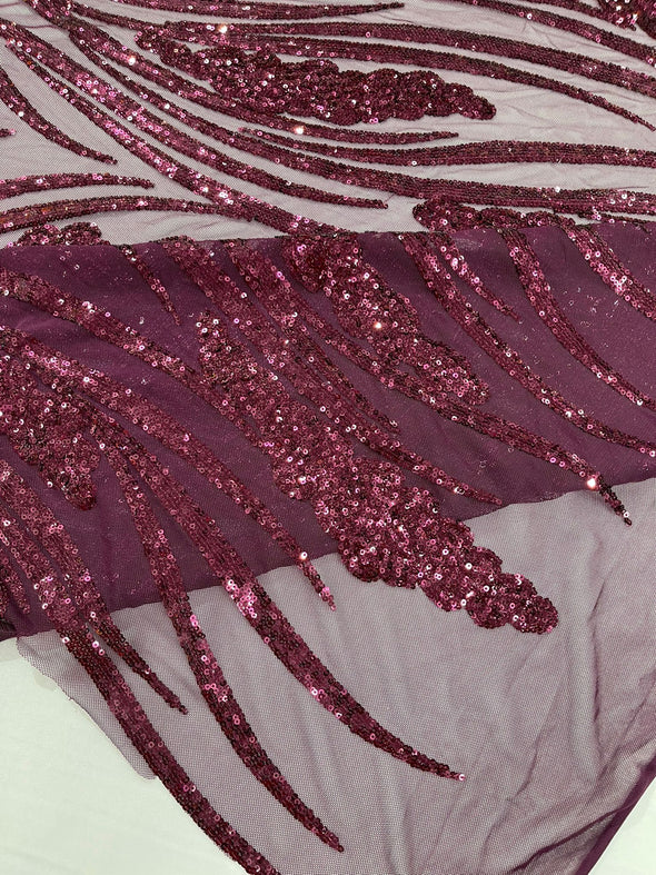 Plum Feather damask shiny sequin design on a 4 way stretch mesh Fabric-prom-Sold by the yard