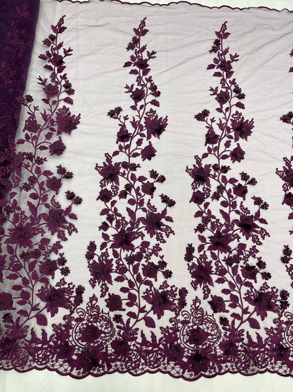 Plum 3D floral design embroider and beaded with pearls on a mesh lace-prom-dresses-nightgown-apparel-fashion-Sold by yard