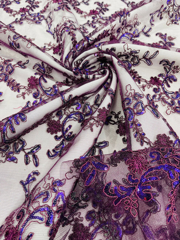 Plum Flower lace corded and embroider with sequins on a mesh- Sold by the yard