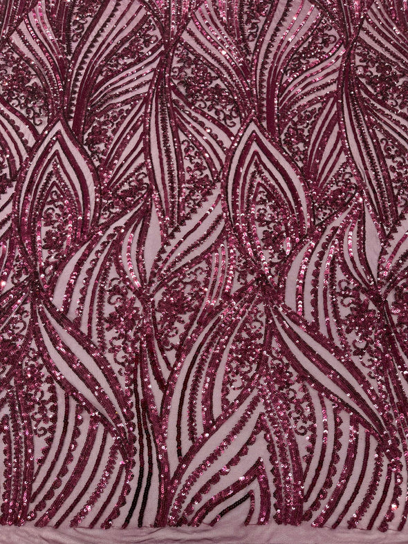 Plum Shiny Geometric Feather wing shiny sequin design on a 4 way stretch mesh Fabric-prom-sold by the yard.