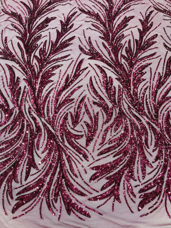 Plum Iridescent Feather damask shiny sequin design on a 4 way stretch mesh Fabric-prom-Sold by the yard