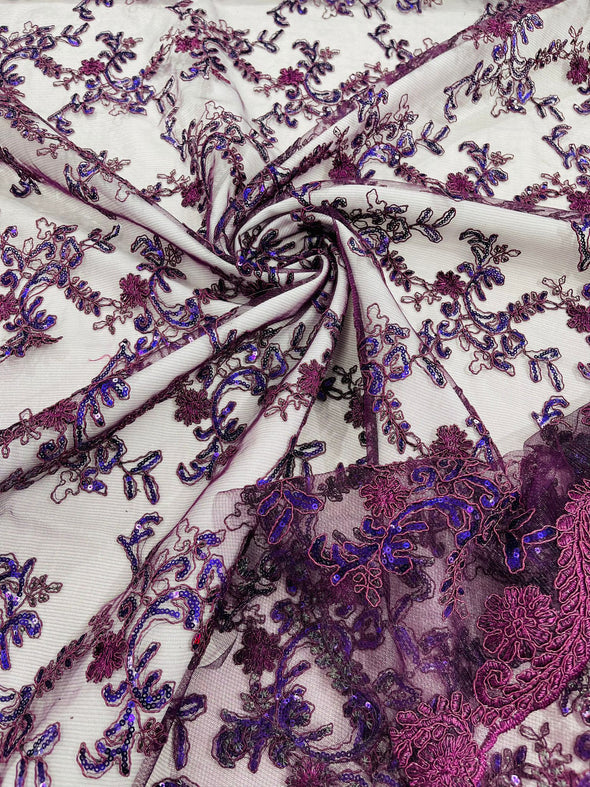 Flower lace corded and embroider with sequins on a mesh- Sold by the yard
