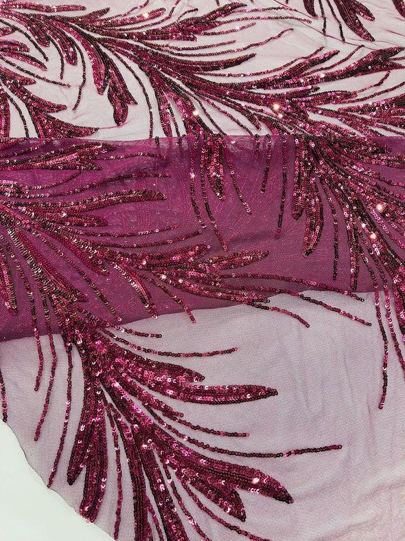 Plum Iridescent Feather damask shiny sequin design on a 4 way stretch mesh Fabric-prom-Sold by the yard