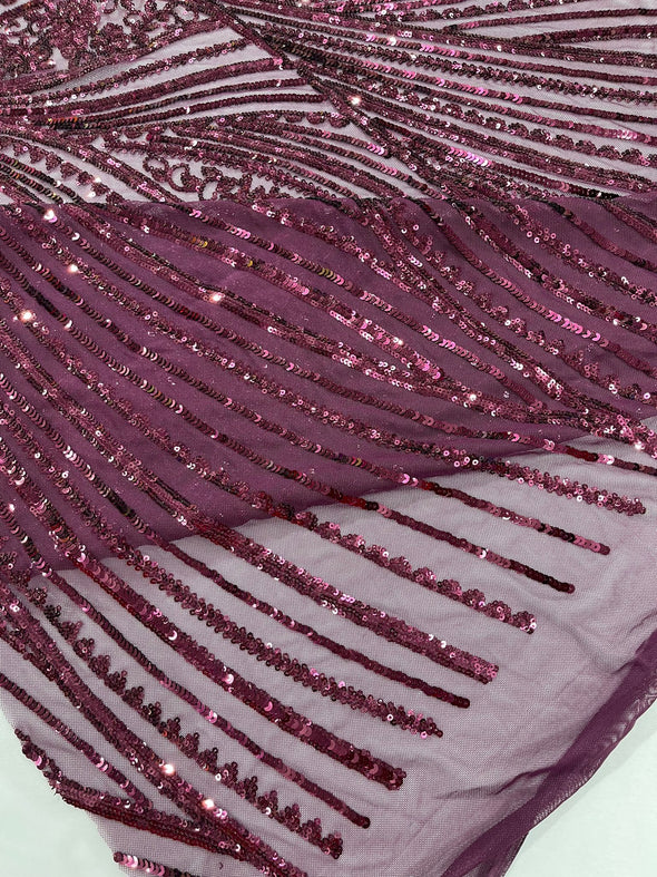 Plum Shiny Geometric Feather wing shiny sequin design on a 4 way stretch mesh Fabric-prom-sold by the yard.