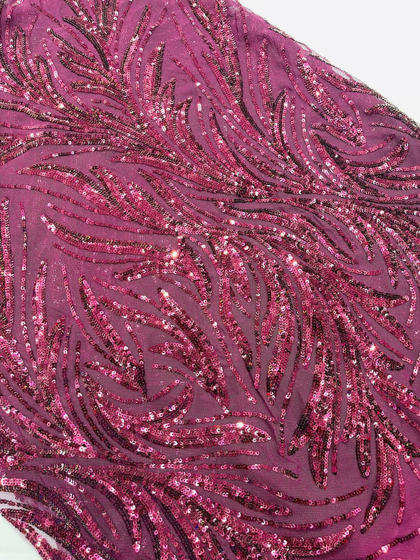 Plum Iridescent Feather damask shiny sequin design on a 4 way stretch mesh Fabric-prom-Sold by the yard