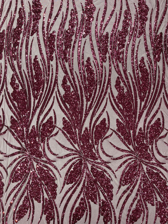 Plum Feather damask shiny sequin design on a 4 way stretch mesh Fabric-prom-Sold by the yard