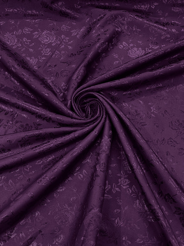 Plum Polyester Roses/Floral Brocade Jacquard Satin Fabric/ Cosplay Costumes, Table Linen- Sold By The Yard.