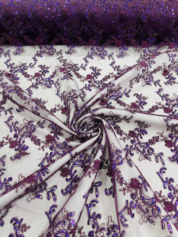 Plum Flower lace corded and embroider with sequins on a mesh- Sold by the yard