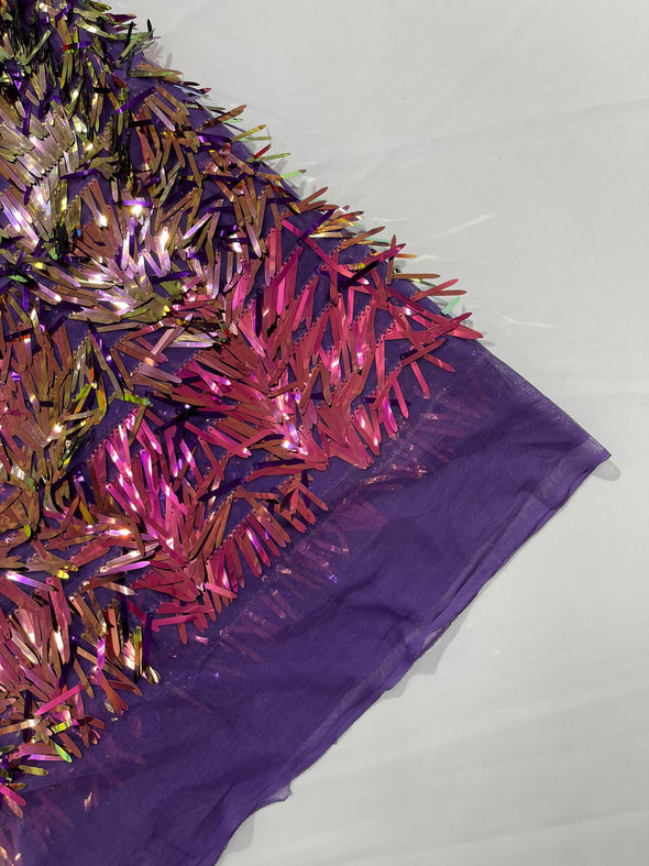 Purple Lilac Iridescent  Sword Sequins Fabric/Big Sequins Fabric On Purple Mesh/54 Inches Wide.