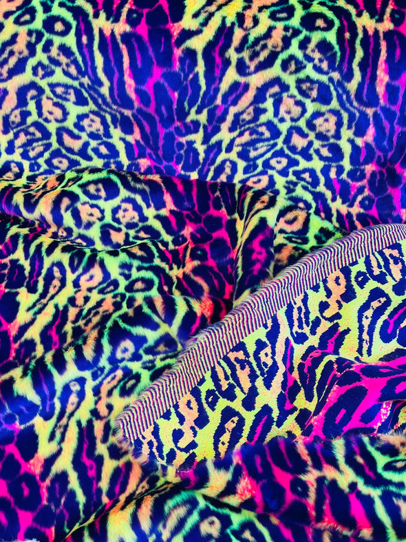 Purple Orange Pink Lime- Leopard Tie Dyed Faux Fur, Black Light Reflective.