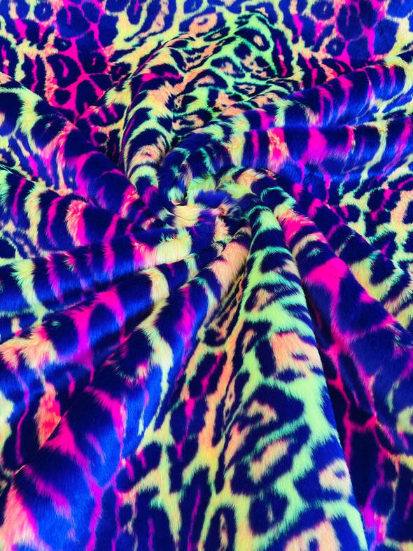 Purple Orange Pink Lime- Leopard Tie Dyed Faux Fur, Black Light Reflective.