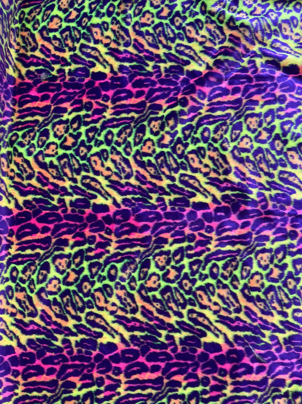 Purple Orange Pink Lime- Leopard Tie Dyed Faux Fur, Black Light Reflective.