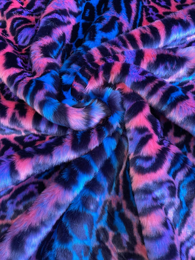 Purple Pink Blue Black - Leopard Tie Dyed Faux Fur, Black Light Reflective.