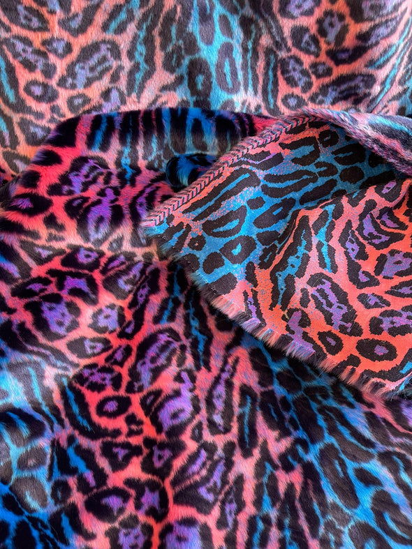 Purple Pink Blue Black - Leopard Tie Dyed Faux Fur, Black Light Reflective.