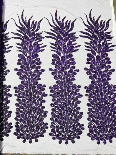 Purple New Vegas heavy beaded feather design embroidery on a mesh fabric-Sold by the panel