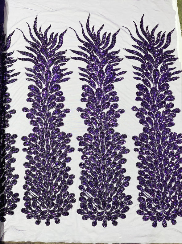 Purple New Vegas heavy beaded feather design embroidery on a mesh fabric-Sold by the panel