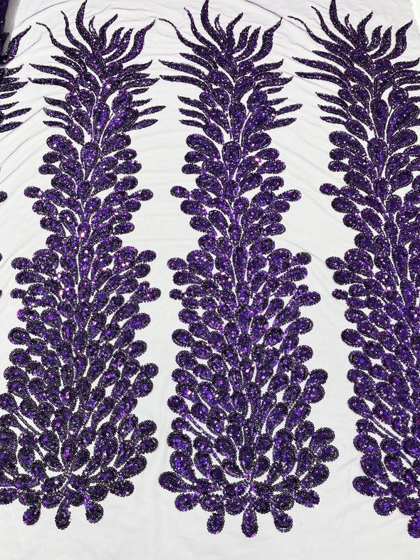 Purple New Vegas heavy beaded feather design embroidery on a mesh fabric-Sold by the panel
