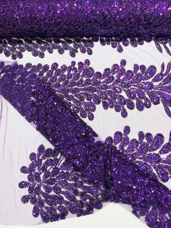 Purple New Vegas heavy beaded feather design embroidery on a mesh fabric-Sold by the panel