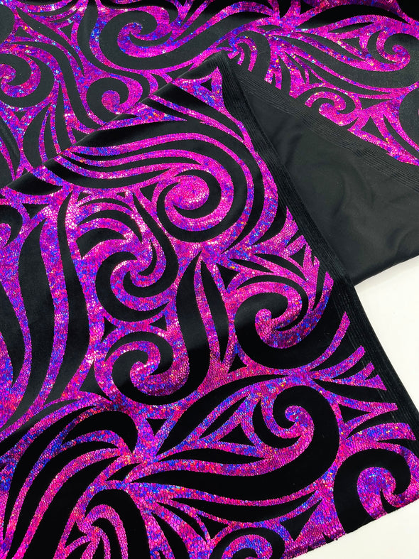 Holographic Foil Tribal Flame Design On A Stretch Velvet Fabric. By The Yard