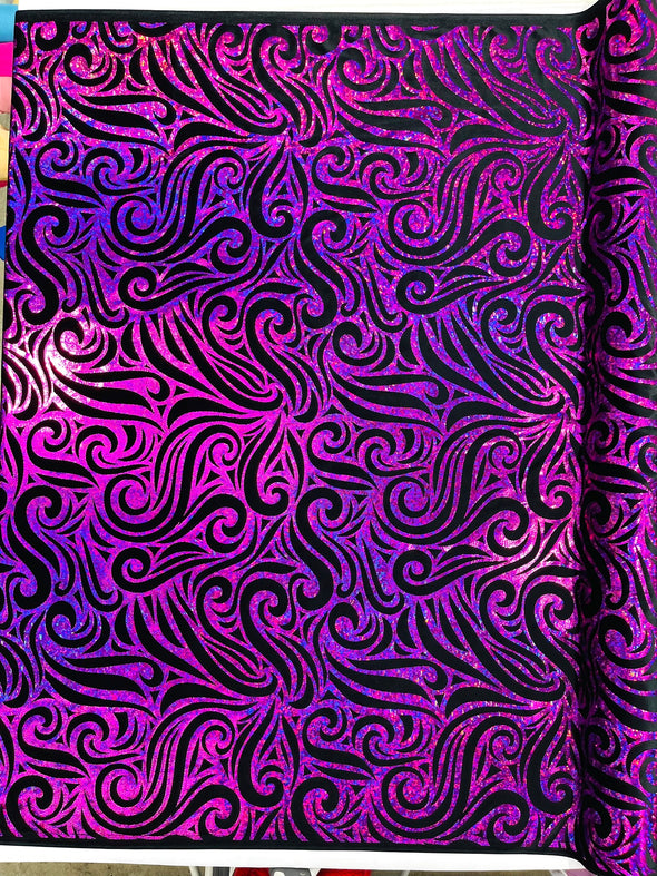 Holographic Foil Tribal Flame Design On A Stretch Velvet Fabric. By The Yard