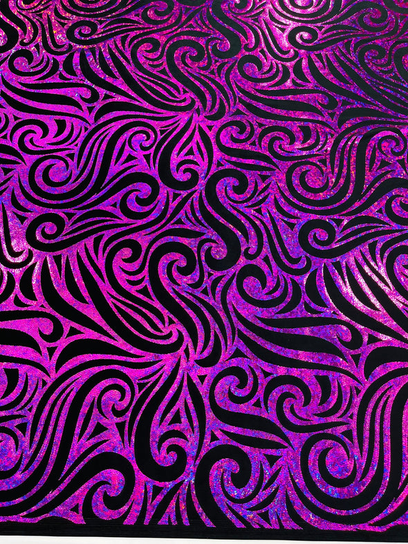 Holographic Foil Tribal Flame Design On A Stretch Velvet Fabric. By The Yard