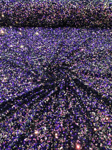 Purple Gold Iridescent 54" Stretch Velvet with Luxury Sequins All Over 5mm Shining Sequins 2-Way Stretch. Sold by the yard.