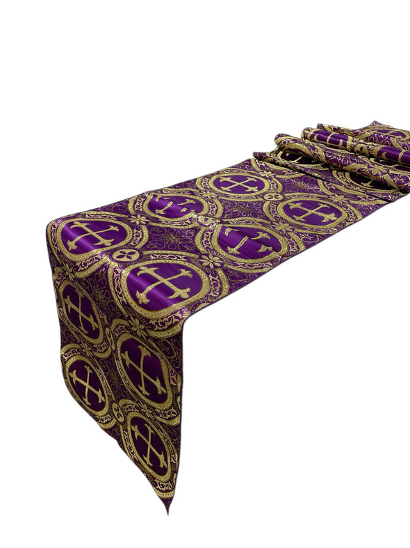 Purple Gold Religious Brocade Runner Tablecloth | Liturgical Fabric | Runner Ecclesiastical Jacquard | Church | Vestment-Cross Brocade.