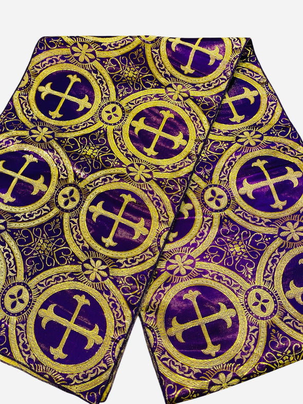 Purple Gold Religious Brocade Runner Tablecloth | Liturgical Fabric | Runner Ecclesiastical Jacquard | Church | Vestment-Cross Brocade.