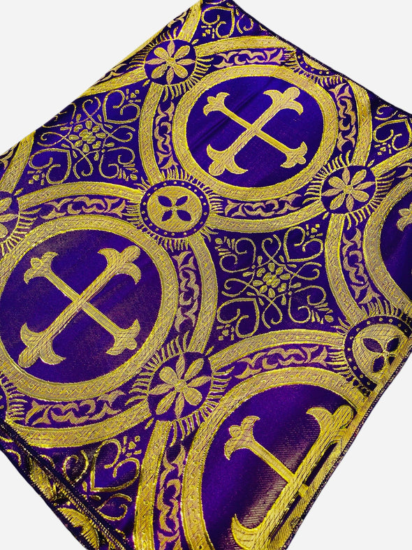 Purple Gold Religious Brocade Runner Tablecloth | Liturgical Fabric | Runner Ecclesiastical Jacquard | Church | Vestment-Cross Brocade.