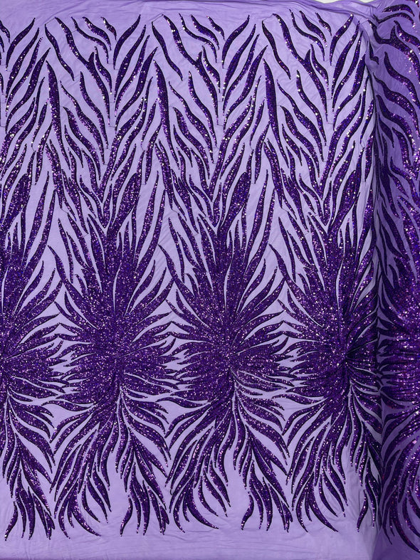 Purple Iridescent Phoenix Feather Design with Sequins Embroider on a Purple 4 way Stretch Mesh Fabric- Sold by the yard.