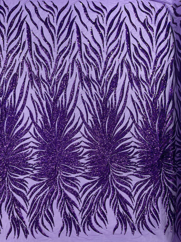 Purple Iridescent Phoenix Feather Design with Sequins Embroider on a Purple 4 way Stretch Mesh Fabric- Sold by the yard.