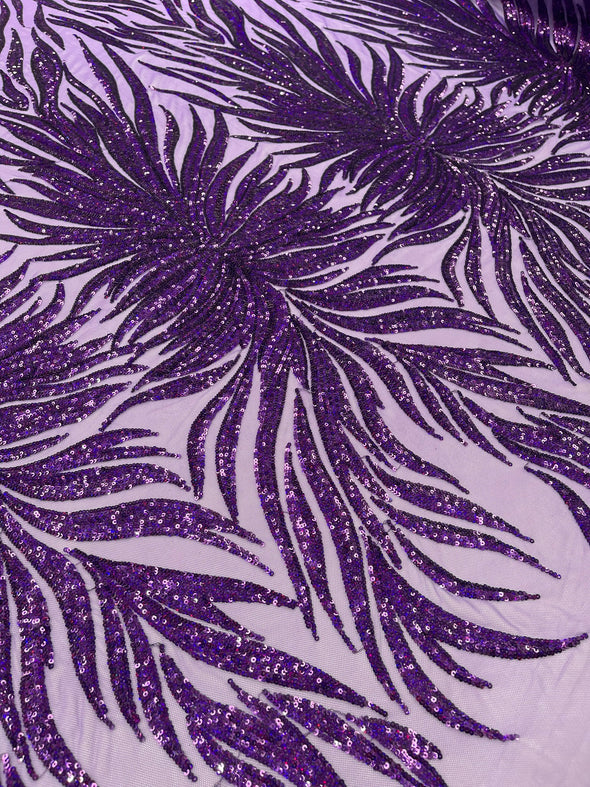 Purple Iridescent Phoenix Feather Design with Sequins Embroider on a Purple 4 way Stretch Mesh Fabric- Sold by the yard.