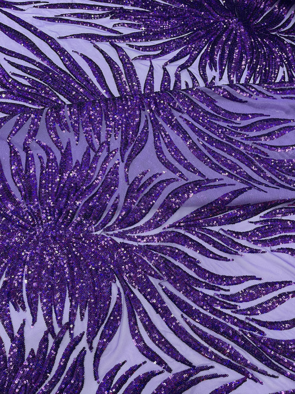 Purple Iridescent Phoenix Feather Design with Sequins Embroider on a Purple 4 way Stretch Mesh Fabric- Sold by the yard.