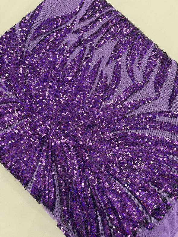 Purple Iridescent Phoenix Feather Design with Sequins Embroider on a Purple 4 way Stretch Mesh Fabric- Sold by the yard.