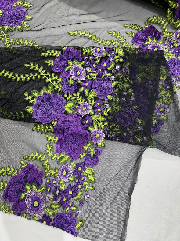 Purple Roses Multi Color Floral Design Embroider on a Black Mesh Lace Fabric- Sold by the yard.