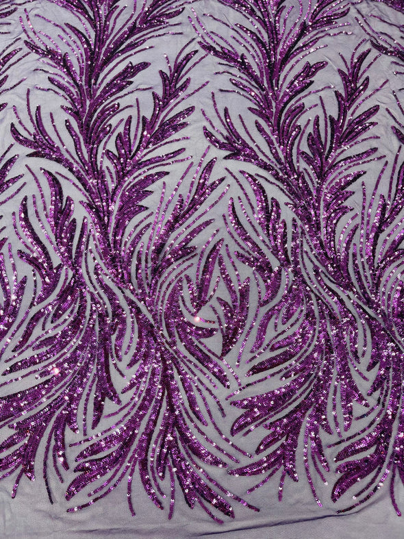 Purple Feather damask shiny sequin design on a 4 way stretch mesh Fabric-prom-Sold by the yard