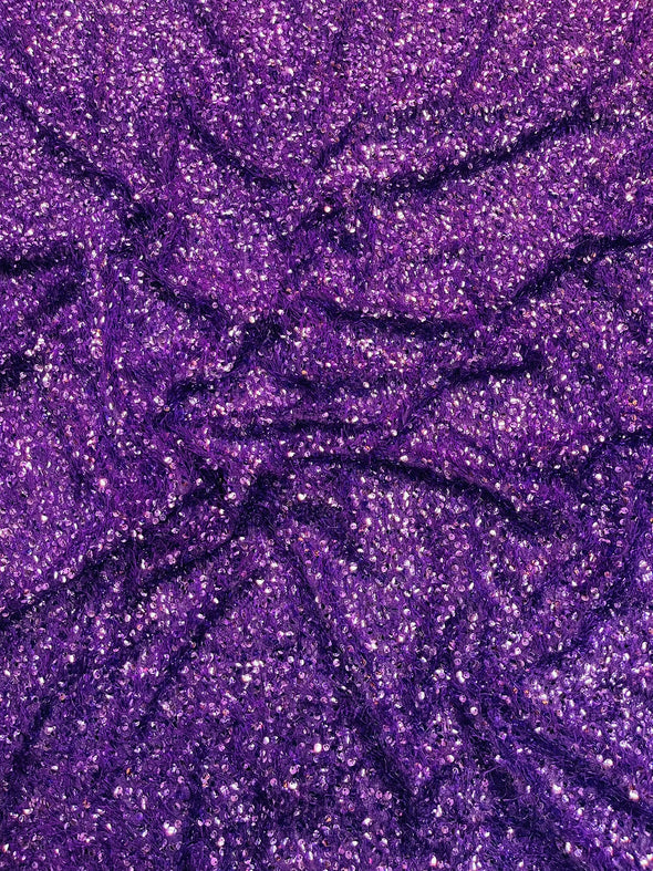 Purple Sequin Eyelash Fringe Design by The Yard, Eyelash Fabric, Sequin Eyelash Sewing Fringe.