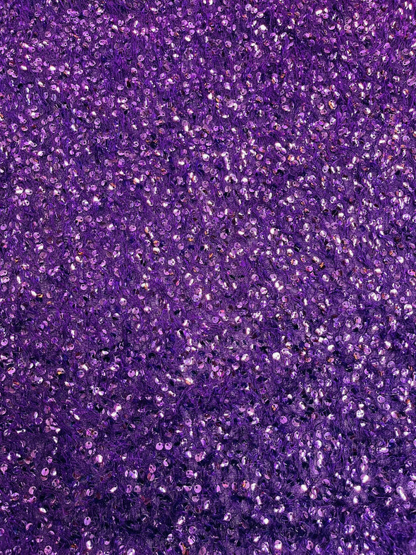 Purple Sequin Eyelash Fringe Design by The Yard, Eyelash Fabric, Sequin Eyelash Sewing Fringe.