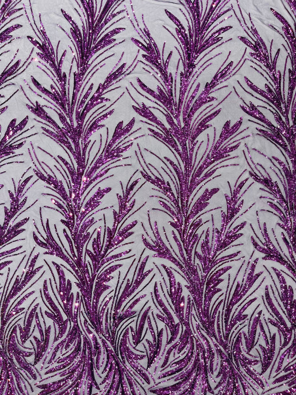 Feather damask shiny sequin design on a 4 way stretch mesh Fabric-prom-Sold by the yard