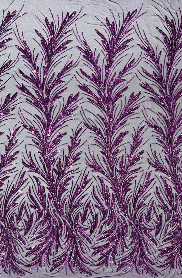 Purple Feather damask shiny sequin design on a 4 way stretch mesh Fabric-prom-Sold by the yard